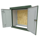 green grp fibreglass electrical equipment housing with doors open