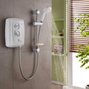 Triton electric shower with handheld shower head in white in use in a modern bathroom setting.