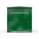 Green storage shed with double doors on a white background