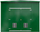 large green equipment housing for pumps and electrical equipment