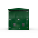 Green plastic storage shed with a white background