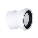 A white, straight rigid polypropylene WC pan connector for use with 4-inch pipe.