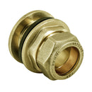 A brass compression flanged tank connector typically used for plumbing.