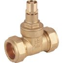 A gold-colored brass Lockshield Gatevalve, typically used in plumbing systems, with two visible connectors and a single lever.
